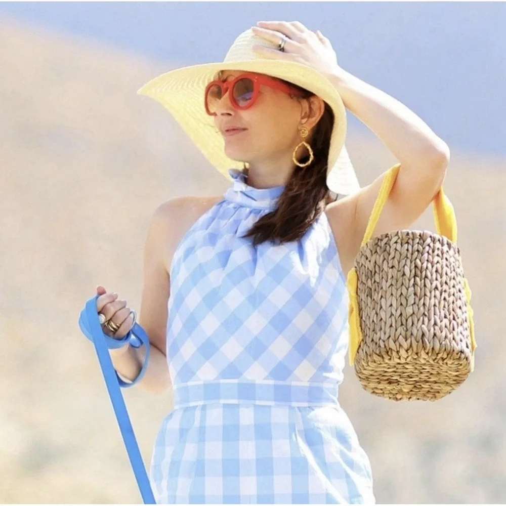 J Crew‎ Gingham Jumpsuit Sleeveless Sz 14 Pockets Cotton Lined Coastal Beach Bow